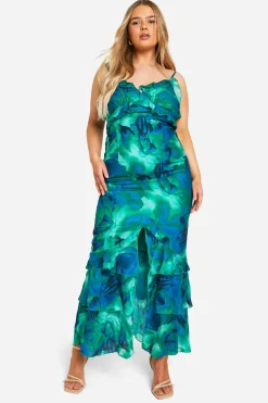 Plus Robe Maxi à Volants Florale Abstraite Grande Taille