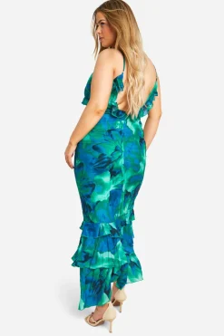 Plus Robe Maxi à Volants Florale Abstraite Grande Taille