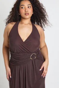Plus Robe Midaxi Froncée à Col Licou et Finitions Dorées