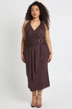 Plus Robe Midaxi Froncée à Col Licou et Finitions Dorées