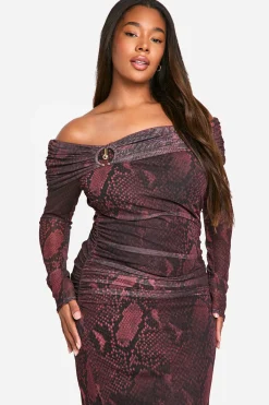 boohoo Plus Robe Midaxi Plus synthétique Bardot à Détail Anneau<Femme Robes Moulantes|Robes À Manches Longues