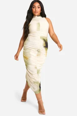 Plus Robe Midi Abstraite à Fronces