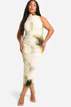 Plus Robe Midi Abstraite à Fronces