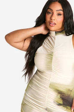 Plus Robe Midi Abstraite à Fronces