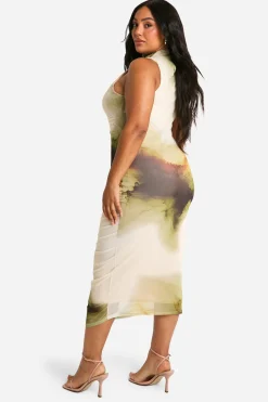 Plus Robe Midi Abstraite à Fronces