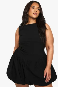boohoo Plus ROBE MINI EN BENGALINE À OURLET BULLE FRONCÉ<Femme Robes Patineuses|Robes À Manches Longues