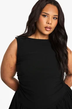 boohoo Plus ROBE MINI EN BENGALINE À OURLET BULLE FRONCÉ<Femme Robes Patineuses|Robes À Manches Longues