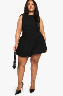boohoo Plus ROBE MINI EN BENGALINE À OURLET BULLE FRONCÉ<Femme Robes Patineuses|Robes À Manches Longues