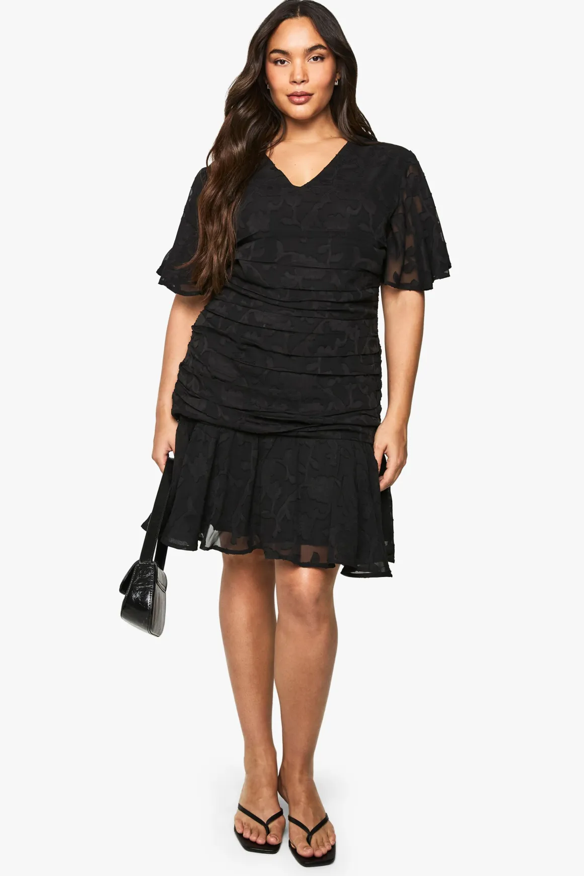 PLUS ROBE MINI EN JACQUARD FLORAL FRONCÉE AVEC OURLET À VOLANTS