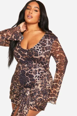 Plus Robe Mini en Mesh Léopard à Nouer