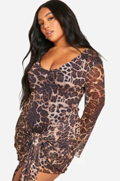 Plus Robe Mini en Mesh Léopard à Nouer