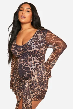 Plus Robe Mini en Mesh Léopard à Nouer