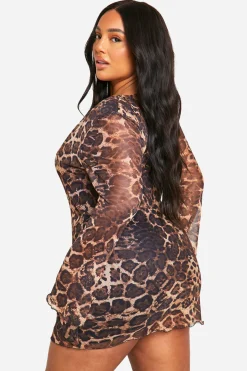 Plus Robe Mini en Mesh Léopard à Nouer