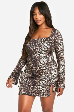 Plus Robe Mini Shift à Imprimé Léopard avec Poignets Lacés