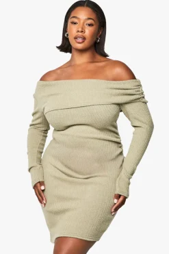 Plus Robe Moulante Asymétrique à Fronces et Tissu Côtelé Doux