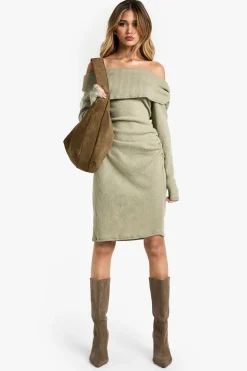 Plus Robe Moulante Asymétrique à Fronces et Tissu Côtelé Doux