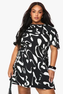 boohoo Plus Robe Patineuse à Manches Bouffantes Abstract<Femme Robes Patineuses|Robes