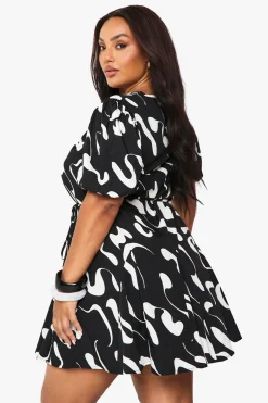 boohoo Plus Robe Patineuse à Manches Bouffantes Abstract<Femme Robes Patineuses|Robes