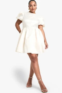 Plus Robe Skater en Taffetas à Dos avec Nœud et Manches Bouffantes