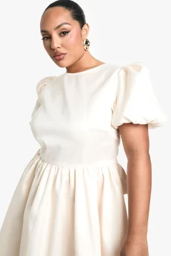 Plus Robe Skater en Taffetas à Dos avec Nœud et Manches Bouffantes