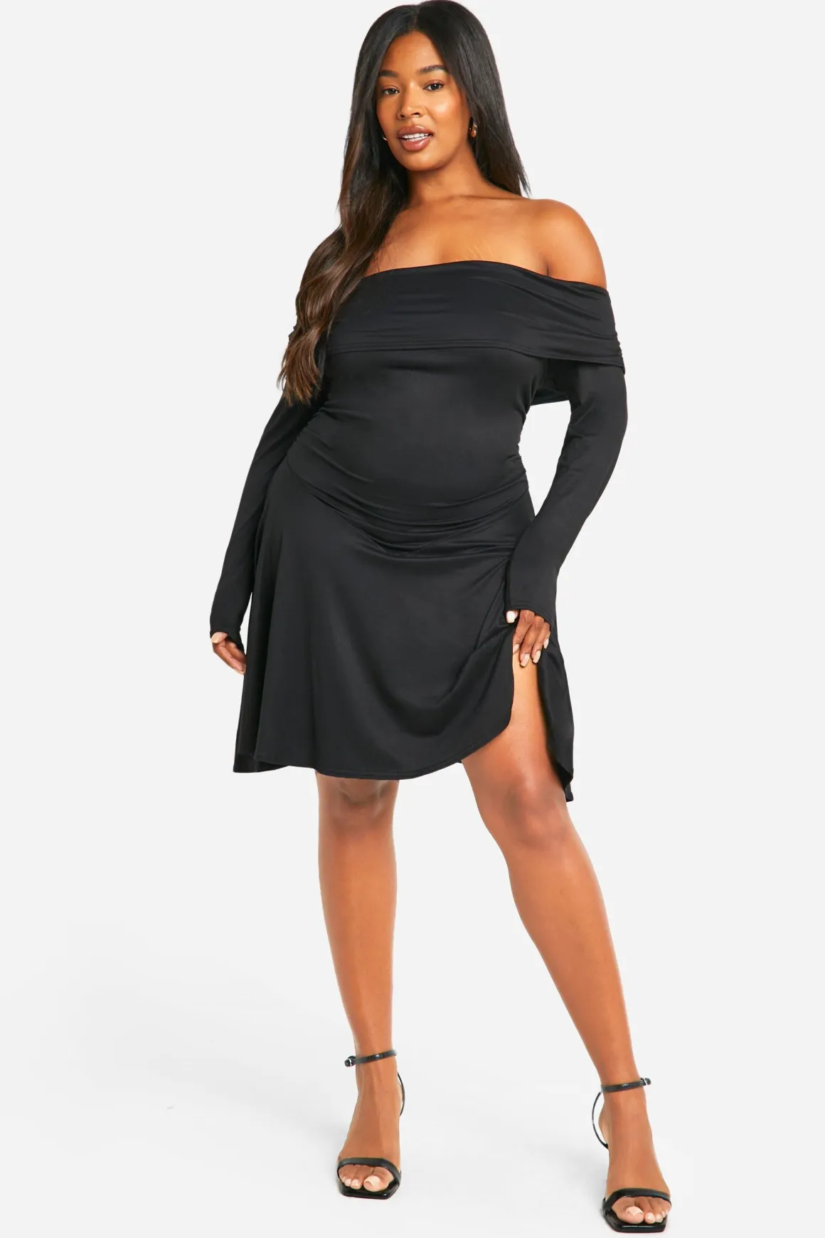 Plus Robe Skater Grande Taille Off Shoulder à Manches Longues
