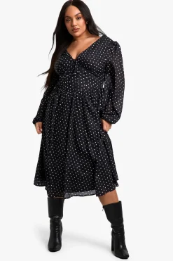 Plus Robe Skater Midi grande taille style Milkmaid à pois tissée