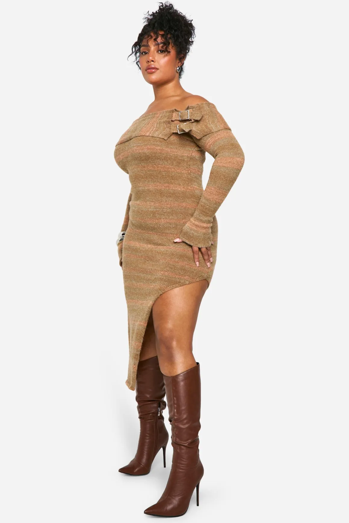 Plus Robe Tricotée Bardot à Boucle