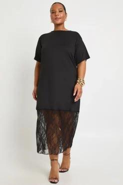 boohoo plus robe t-shirt midaxi grande taille avec détails en dentelle<Femme Satin Et Dentelle|Robes T-Shirt