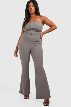 Plus Scuba Crepe Corset Détail Crochet et Œillet Bandeau Combinaison Évasée