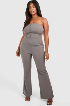 Plus Scuba Crepe Corset Détail Crochet et Œillet Bandeau Combinaison Évasée