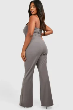Plus Scuba Crepe Corset Détail Crochet et Œillet Bandeau Combinaison Évasée