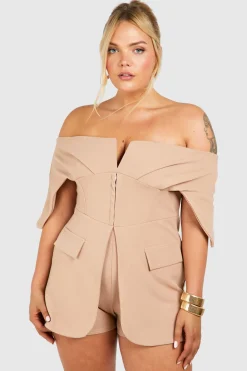 Plus Scuba Crêpe Corset Détail Crochet et Œillet Bardot Blazer Playsuit