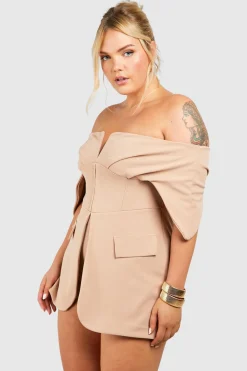 Plus Scuba Crêpe Corset Détail Crochet et Œillet Bardot Blazer Playsuit