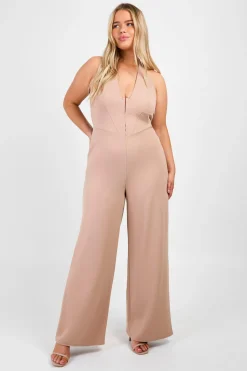 Plus Scuba Crêpe Corset à détails œil et crochet, encolure halter, combinaison à jambes larges