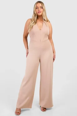 Plus Scuba Crêpe Corset à détails œil et crochet, encolure halter, combinaison à jambes larges
