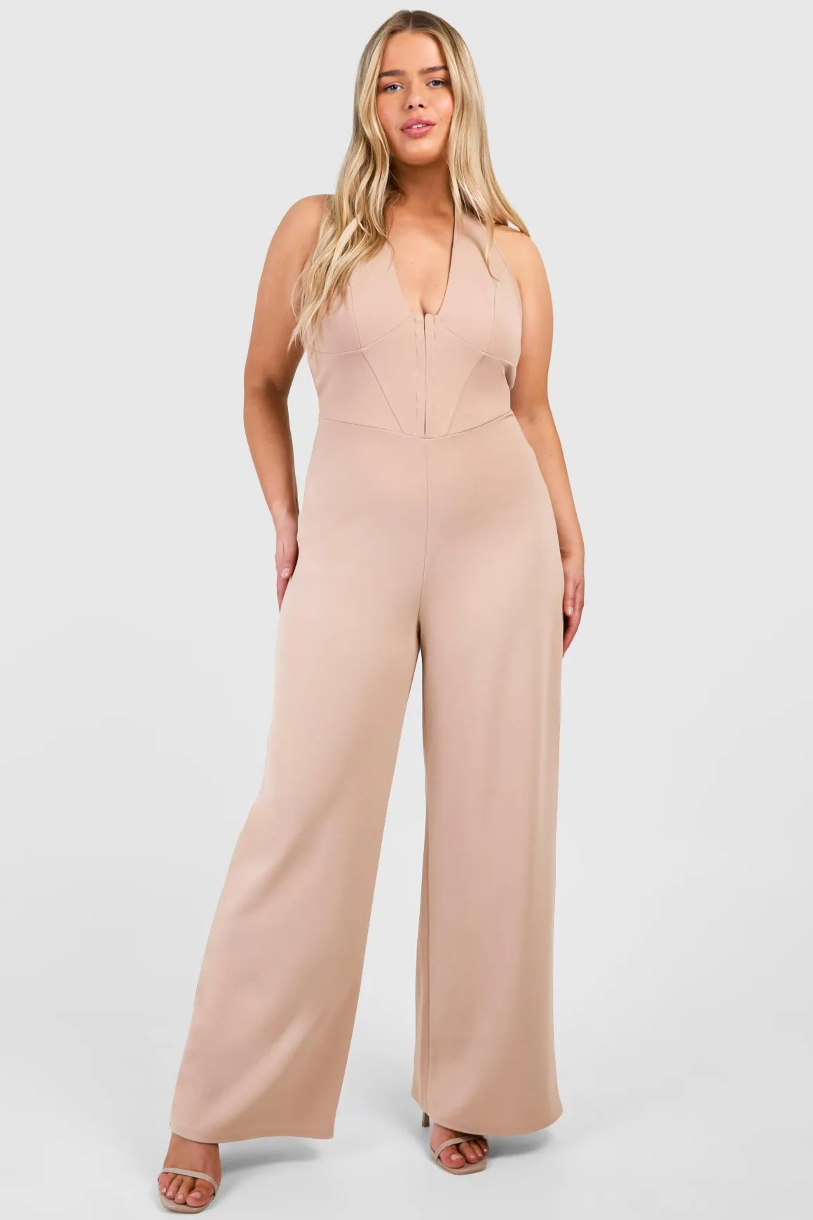 Plus Scuba Crêpe Corset à détails œil et crochet, encolure halter, combinaison à jambes larges