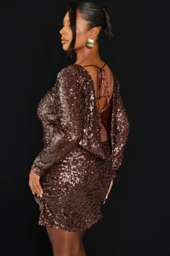 Plus Sequin Mini Robe à Sequins avec Col Drapé, Dos Ouvert et Manches Longues