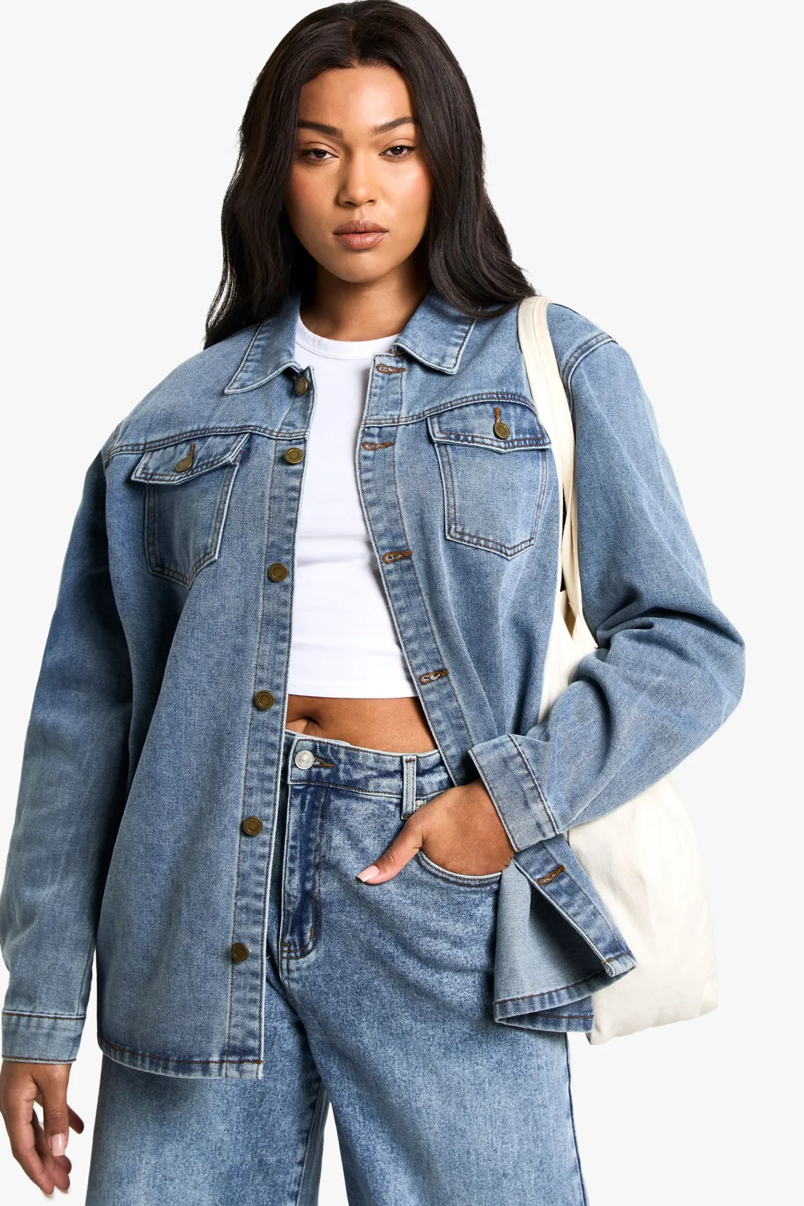 Plus Shacket en denim grande taille
