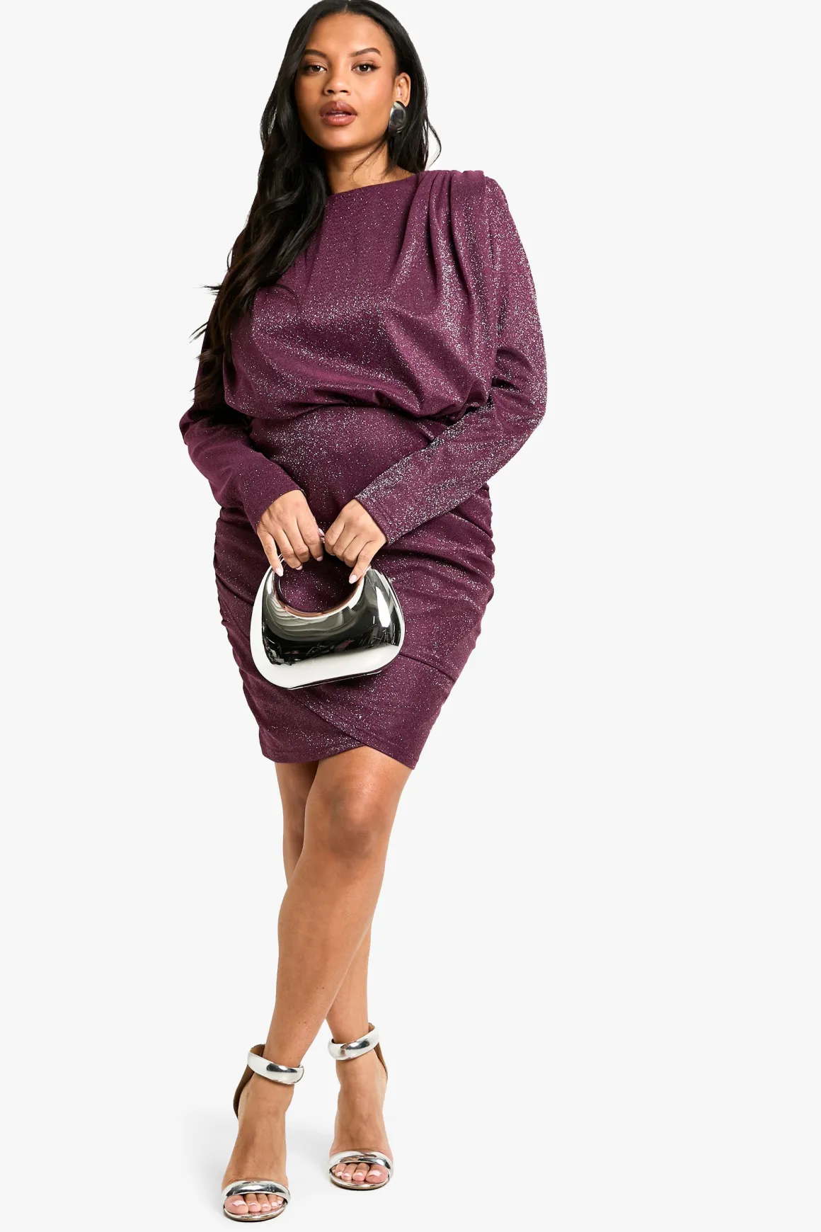Plus Shoulder Pad Ruched Glitter Dress