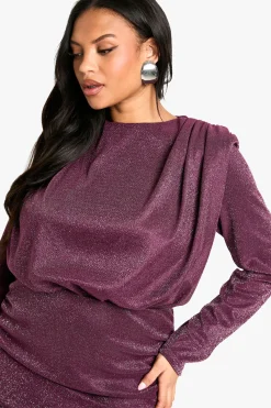 Plus Shoulder Pad Ruched Glitter Dress
