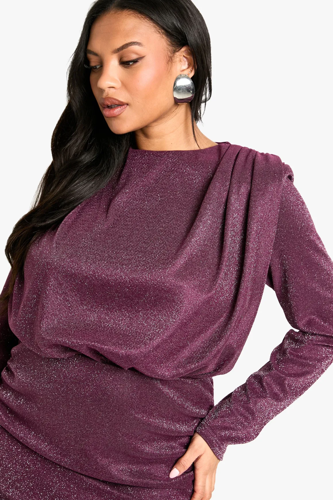 Plus Shoulder Pad Ruched Glitter Dress