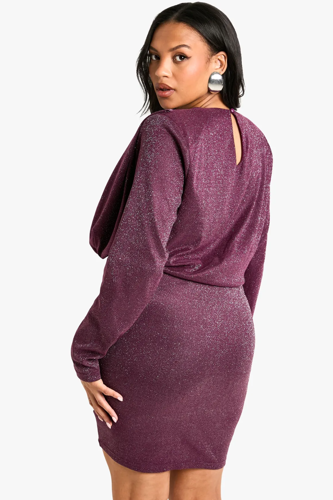 Plus Shoulder Pad Ruched Glitter Dress