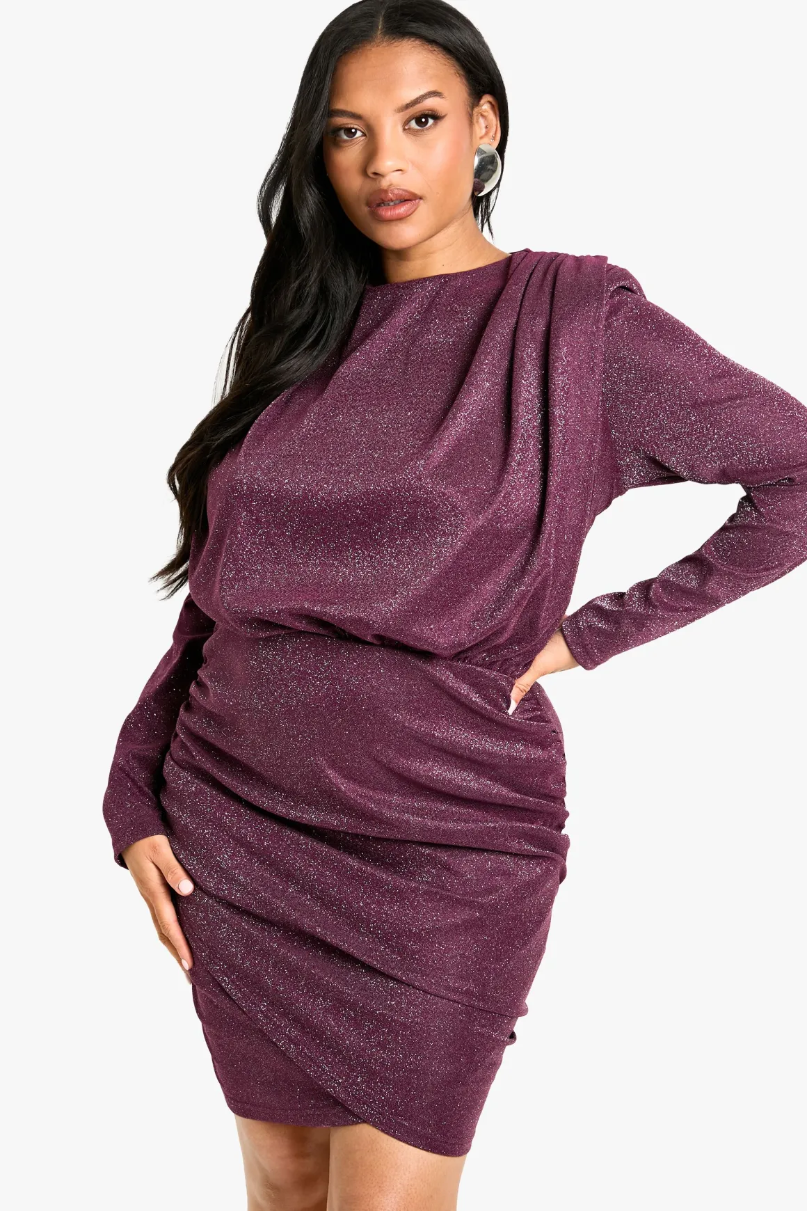 Plus Shoulder Pad Ruched Glitter Dress