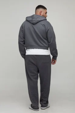 Plus Shrunken Rhinestone Zip Through Hoodie