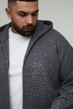 Plus Shrunken Rhinestone Zip Through Hoodie