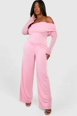 Plus Slinky & Mesh Bardot Wide Leg Jumpsuit