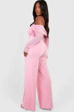 Plus Slinky & Mesh Bardot Wide Leg Jumpsuit