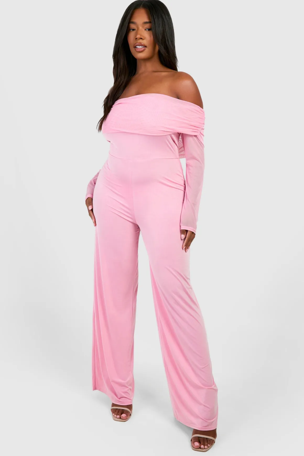 Plus Slinky & Mesh Bardot Wide Leg Jumpsuit