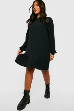 boohoo Plus Soft Rib Ruffle Hem Smock Dress<Femme Robes Courtes|Robes À Manches Longues