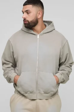 boohooMAN Plus Sweat à capuche ample, au style carré, lavage par pulvérisation et fermeture éclair<Homme Sweats À Capuche Et Sweatshirts|Sweats À Capuche Grande Taille